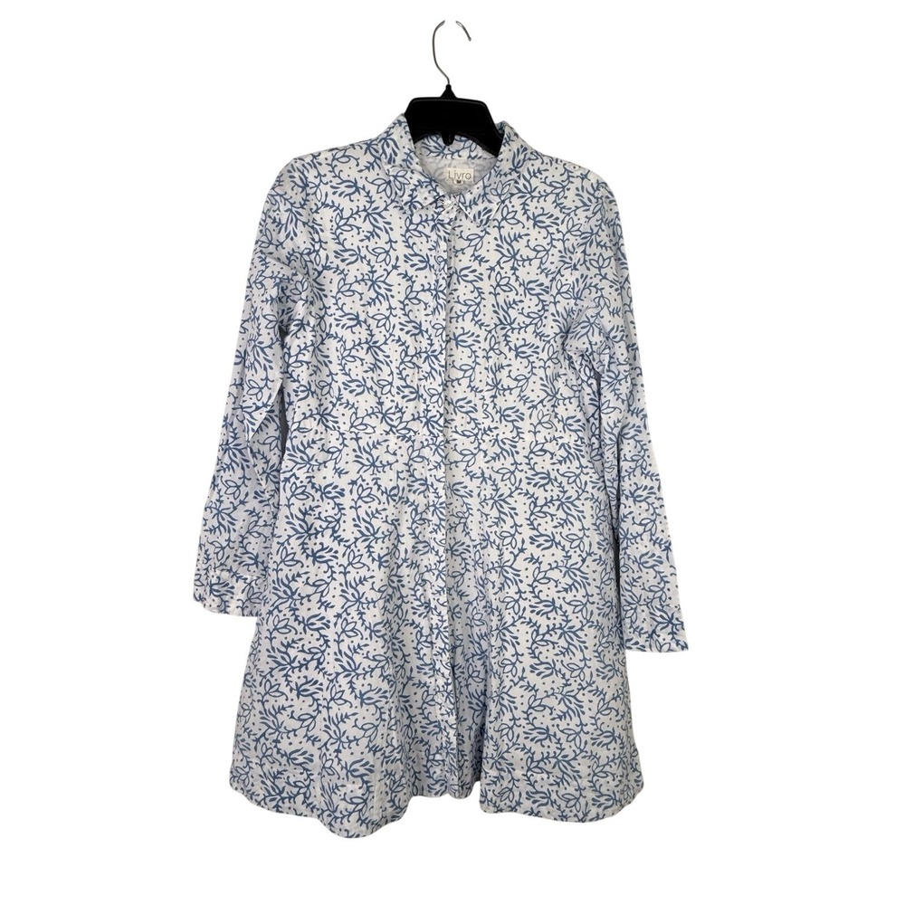 LIVRO White Blue Floral Long Sleeve Mini Dress Size Medium Pockets Lined